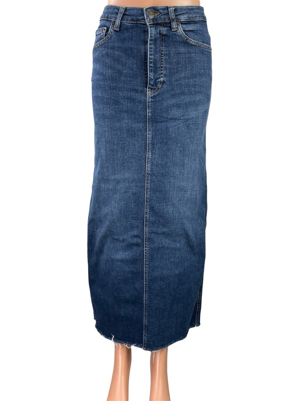 Zara Women's Blue Medium Wash High Waist Slit Straight Denim Jean Skirt Size XS